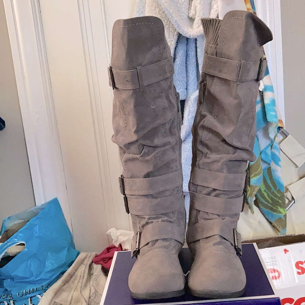Hightail grey suede boot 4 buckle sweater trim